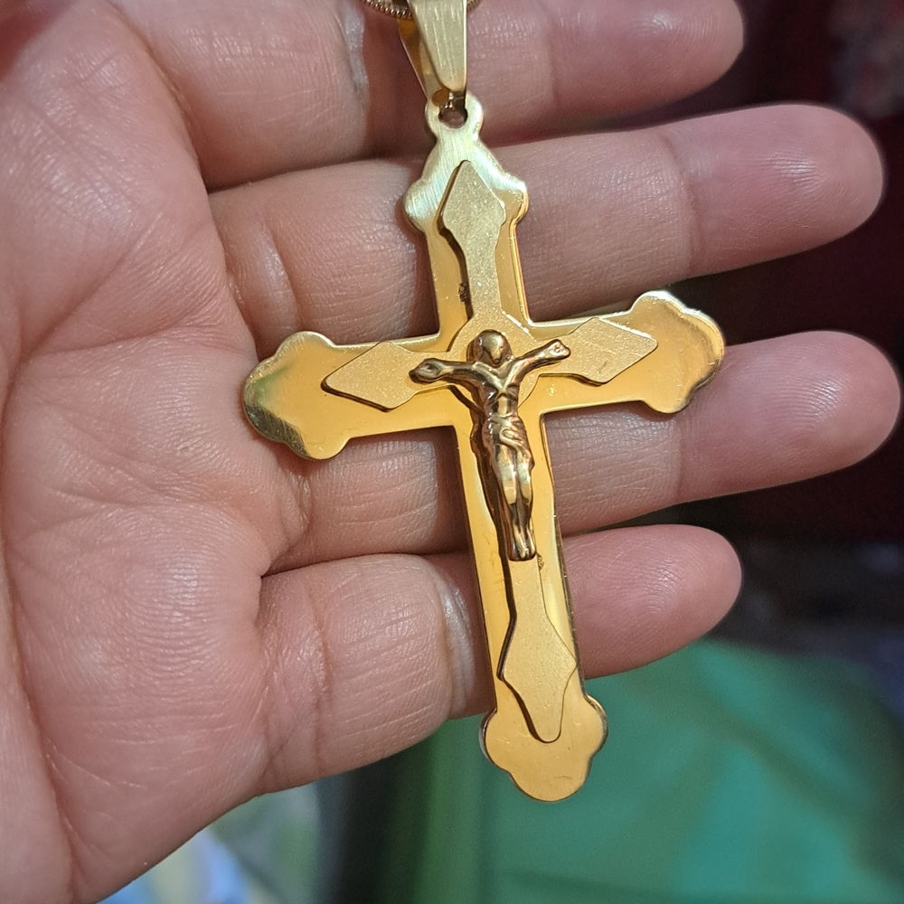 Gold Tone Crucifix Pendant - Religious Cross Necklace